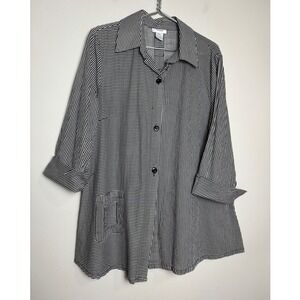 Dorman Womens Tunic Top L Black White Striped Cotton Button‎ Up Artsy 3/4 Sleeve